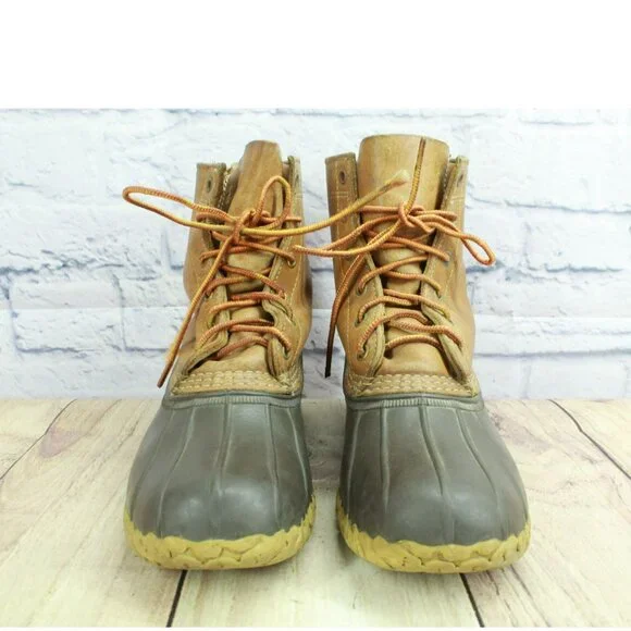 LL Bean Brown Leather Lace Up Round Toe Unlined Ankle Duck Boots Size 9 M - Picture 4 of 9